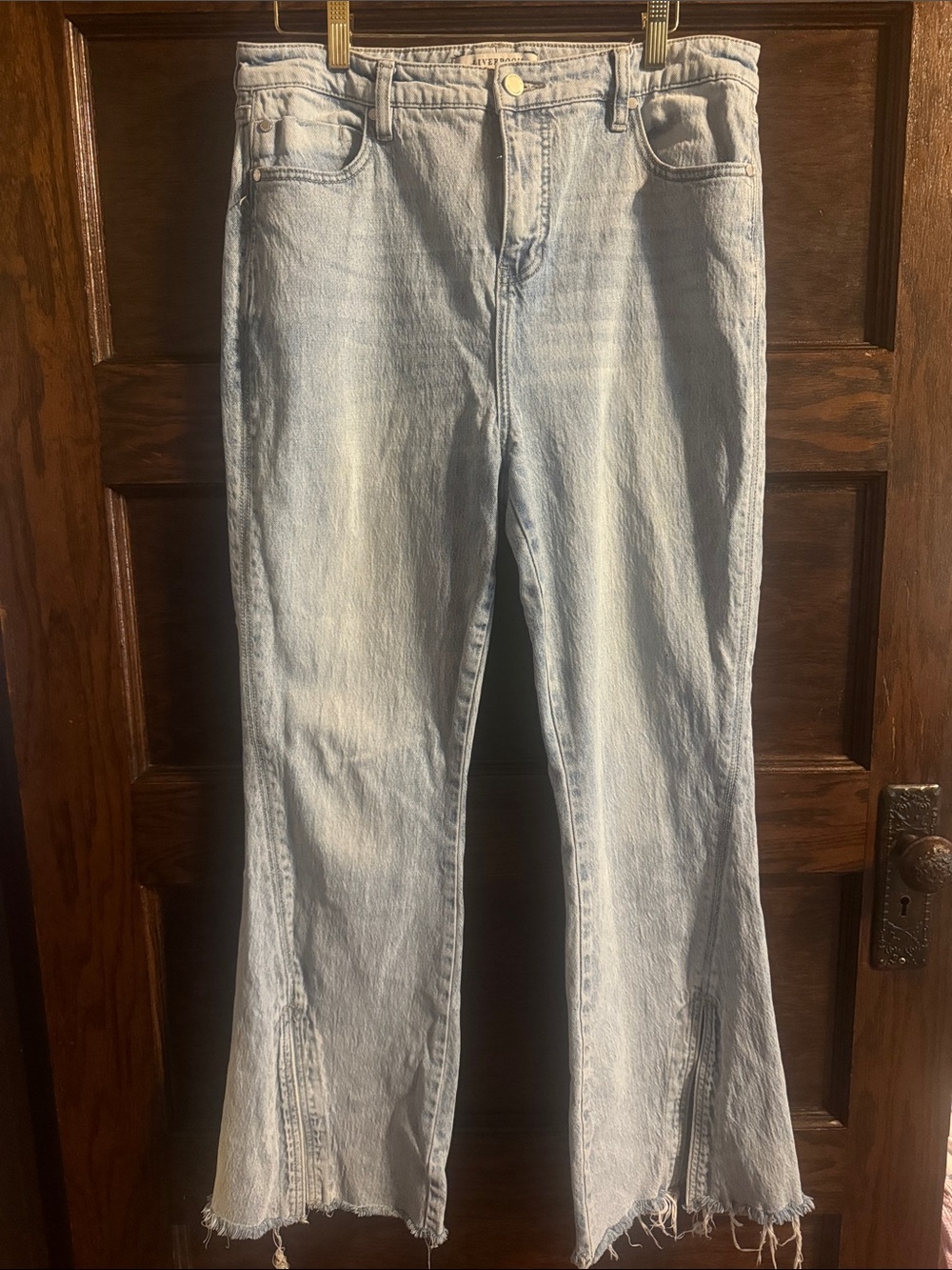Liverpool Light Blue Flare Jeans with Side Slits and Raw Hem, Size 10/30